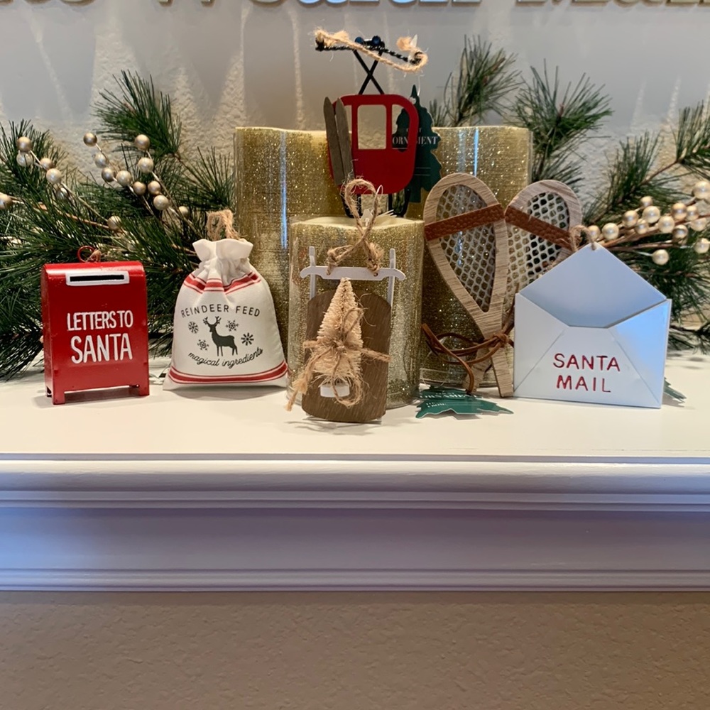 Target 6 ornaments rustic farmhouse ski lift mailbox sled santa letter bike snow